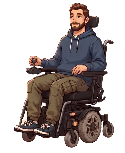 Illustration of Gabe, a bearded man in a navy hoodie, driving his power wheelchair with his hand on the joystick.