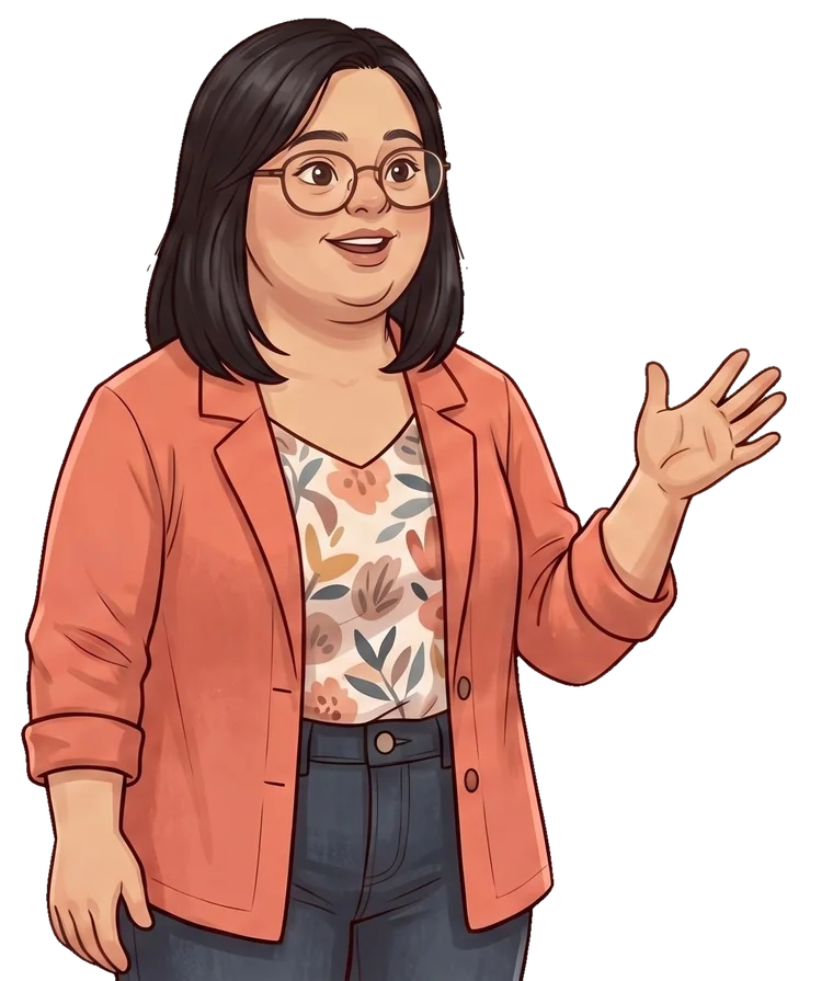 Illustration of Rosa, a woman in her late twenties with Down syndrome, glasses and a shoulder-length bob, wearing a coral blazer. She smiles and gestures with an open hand.