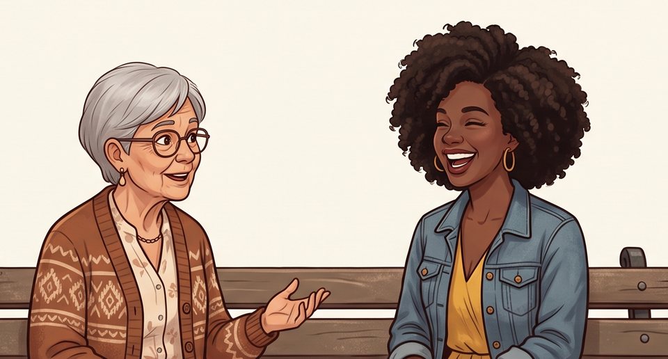 Illustration of Ruth, an older woman with gray hair and glasses, and Maya, a younger woman with curly hair, talking on a bench.