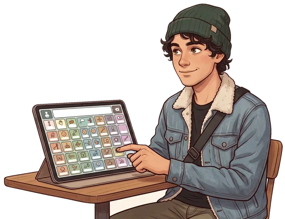 Illustration of Theo, a young man in a green beanie and denim jacket, pressing a button on his speech tablet.
